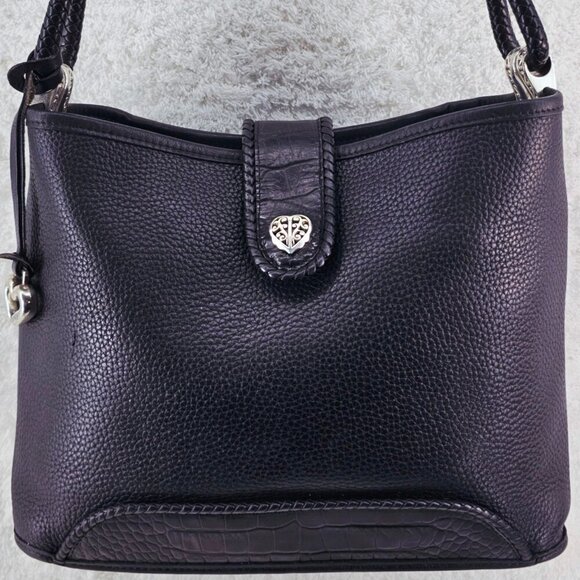 BRIGHTON Black Pebble and Black Croc Embossed Leather Shoulder Bag Braided Strap - Picture 3 of 16